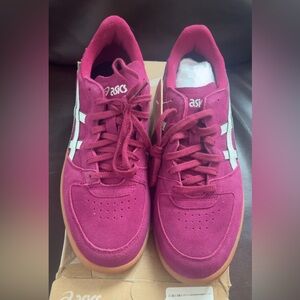 ASICS Wine Suede Skyhand OG Sneakers with White Stripes